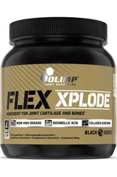 Olimp Nutrition Flex Xplode supplement for joint health, featuring MSM, Boswellic acid, and collagen in a sleek black jar.